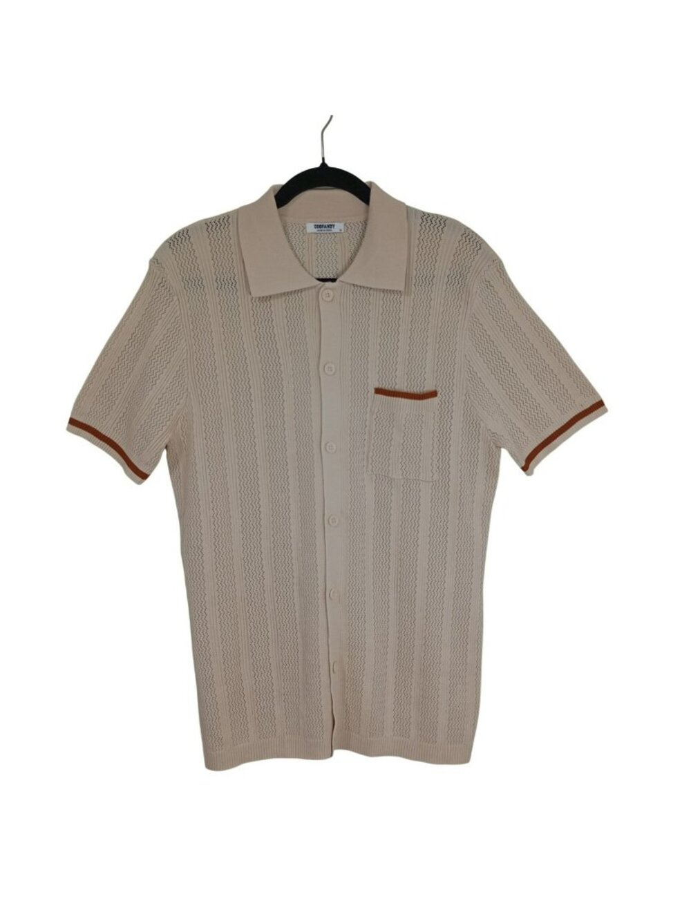 Coofandy Mens Beige Open Knit Polo Shirt Button Front Short Sleeves Chest Pocket
